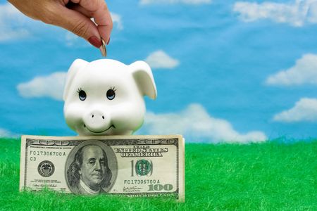 A piggy bank on grass with a sky background, Adding to your Savingsの写真素材