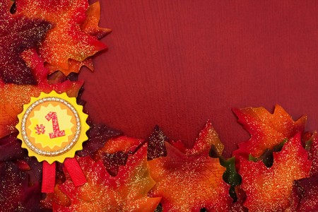 Fall leaves with an award ribbon on a brown background, fall border