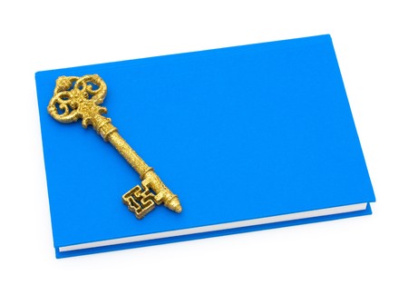 Blue book with a golden key isolated on white, Education is the key to successの写真素材