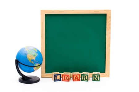 Blank green chalkboard with a globe isolated over white, International Educationの写真素材
