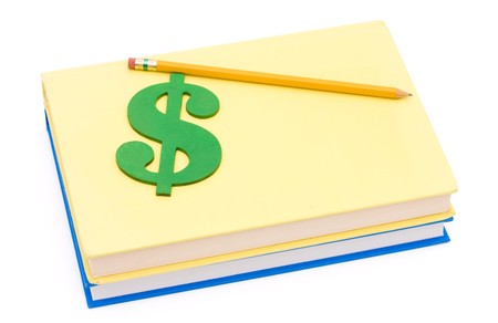 Books with a dollar sign isolated on white, Scholarship money for your educationの写真素材