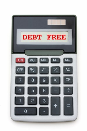 A grey calculator isolated on a white background, Debt Freeの写真素材