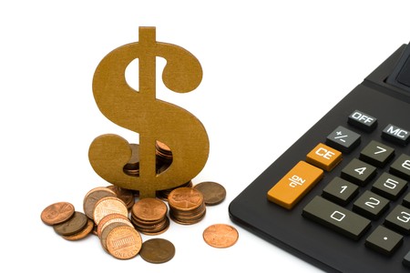 A golden dollar sign with a lot of pennies isolated on a white background, Money Mattersの写真素材