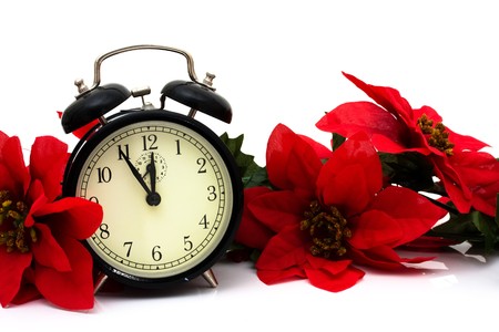 poinsettia border with a clock on a white background poinsettia border