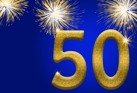 The numbers 50 in gold with fireworks on a blue background, 50th anniversaryの写真素材