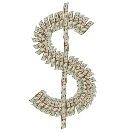 Twenty dollar bills making a money symbol on a white background, dollar symbolの写真素材