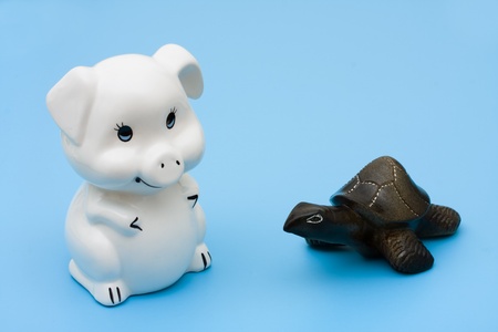 A piggy bank with a turtle on a blue background, Slow and steady wins the money raceの写真素材