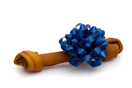 A rawhide dog bone with a blue blow isolated on white, dog treatの写真素材