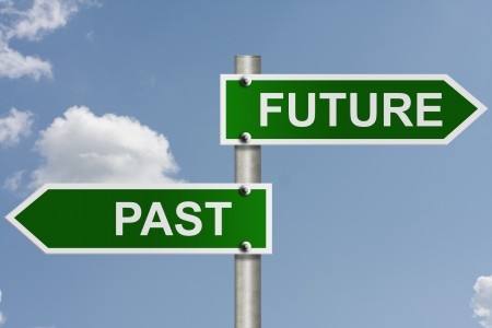 An American road sign with sky background and copy space for your message, Your future and pastの写真素材