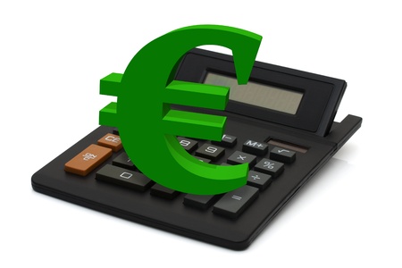 Black calculator with screen display and green euro sign isolated on white background, Calculating your financesの写真素材