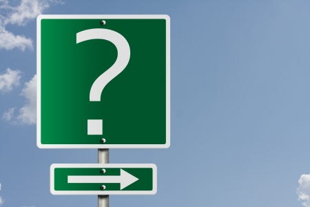 An American road sign with a sky background and question mark, Information this wayの写真素材