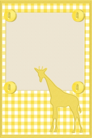 Yellow gingham material for a border with giraffe and buttons with copy-space,  Baby Background for your messageの写真素材