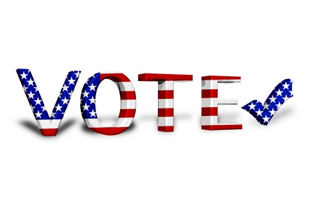 The word Vote in 3D in the American flag colors the a check mark isolated on white, American Voteの写真素材