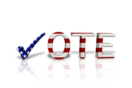The word Vote in 3D in the American flag colors the a check mark isolated on white, American Voteの写真素材