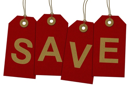 Red Gift Tags with word Save in Gold isolated on white, Save on your purchasesの写真素材