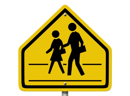 An American road warning sign isolated on white with people and crosswalk symbols, School Crosswalk Warning Signの写真素材