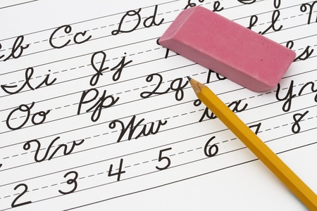 Example of cursive writing with a pencil and eraser, Learning cursive writing