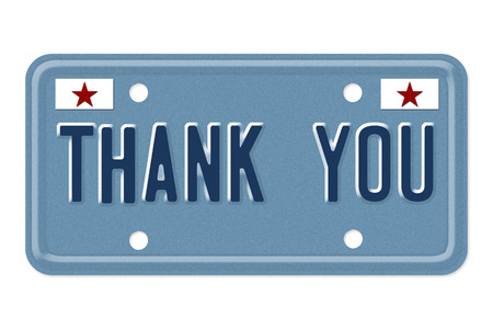 Thank You, The words Thank You on a blue license plate isolated on white