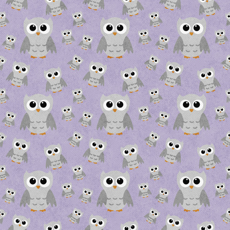 Gray Owls on Purple Textured Fabric Pattern Background that is seamless and repeatsの写真素材