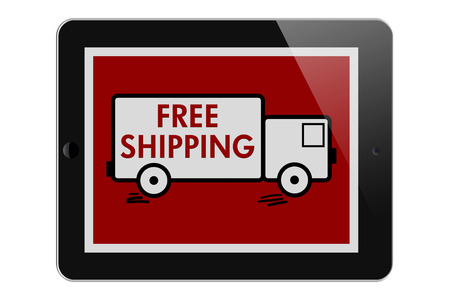 Free Shipping on Online Purchases, Tablet with icon of truck and text Free Shipping isolated on a white backgroundの写真素材
