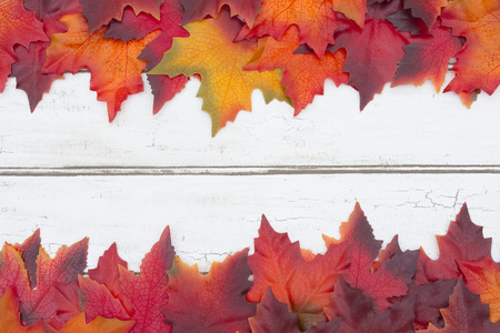 Autumn Leaves Background with grunge wood and center for your messageの写真素材