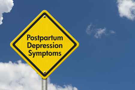 Postpartum Depression Symptoms Warning Sign, Yellow Caution sign with words Postpartum Depression Symptoms with sky backgroundの写真素材