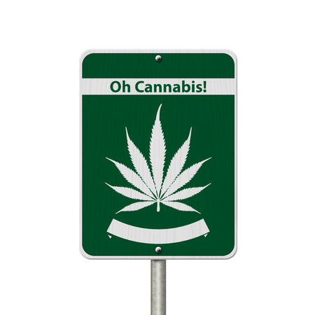Green and White Trans-Canada Highway Sign with Marijuana leaf in place of Maple leaf with text Oh Cannabis isolated on whiteの写真素材