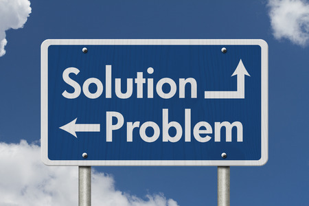 Difference between the Solution and the Problem, Blue Road Sign with text Solution and Problem with sky backgroundの写真素材