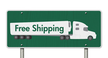 A green Road Sign with text Free Shipping and a truck isolated over whiteの写真素材