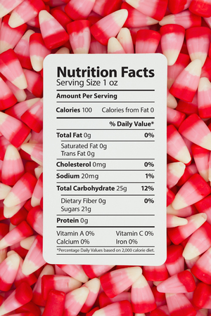 Candy Corn is a unhealthy snack, Candy Corn with text of a nutrition label on a card