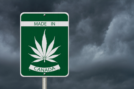 Made in Canada Marijuana Sign, Green and White Trans-Canada Highway Sign with Marijuana leaf in place of Maple leaf with text Made in Canada with stormy sky backgroundの写真素材