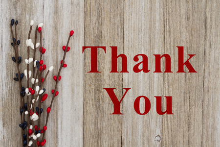 Thank You text with red, white and blue pip floral berry spray on weathered woodの写真素材
