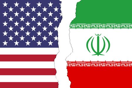 USA and Iran flags that are torn apart showing the bad relationship between the two countriesの写真素材