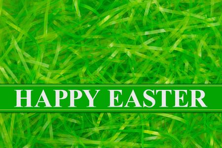 Happy Easter card with Easter basket green grass and bannerの写真素材