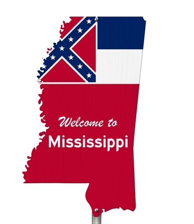 Welcome to the state of Mississippi road sign in the shape of the state map with the flag isolated over whiteの写真素材