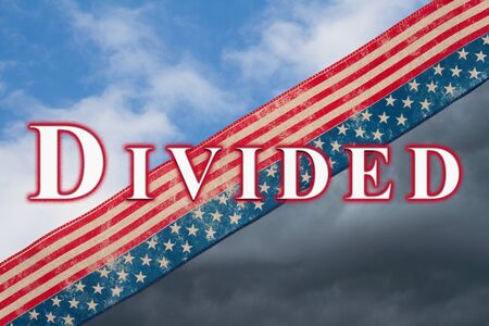 Divided text message with retro USA stars and stripes burlap ribbon with bright and stormy skyの写真素材