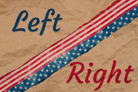 America divided message with left right type with retro USA stars and stripes burlap ribbon on...