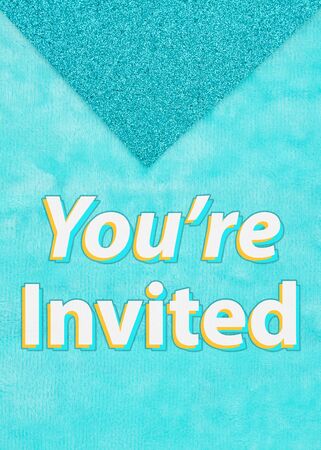 Youâre Invited greeting card with teal sparkle and plush material paperの写真素材