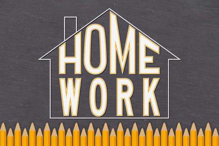 Homework word message on old grunge black chalkboard inside a house outline