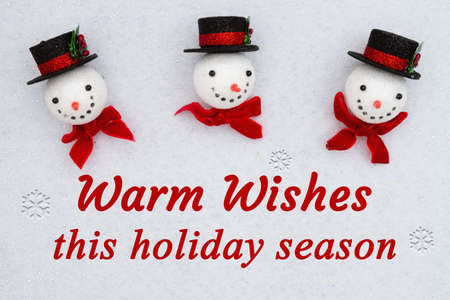 Warm wishes this holiday season greeting with Christmas snowmen with top hats on white sparkle feltの写真素材