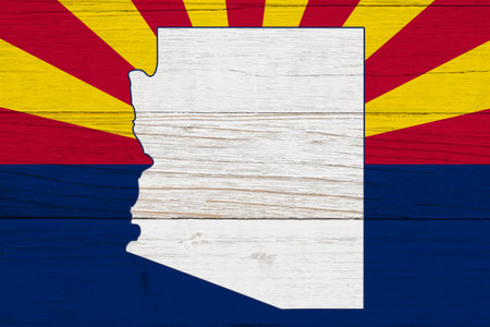 Arizona state flag with the state map over weathered wood with copy space for your Arizonan messageの写真素材