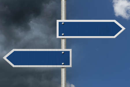 Two blank blue highway road sign on stormy and clear blue sky with copy space for your message