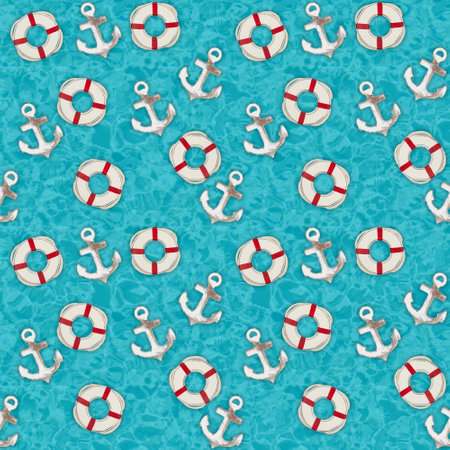 Anchor and life preserver background that is seamless and repeats for your nautical or ocean designの写真素材