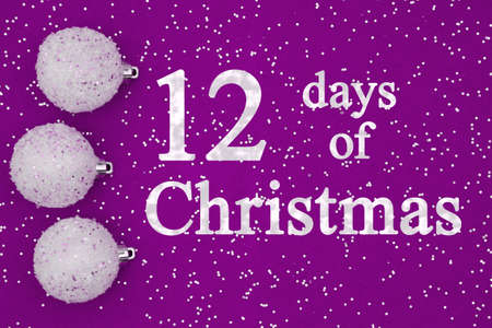 12 days of Christmas greeting with white ball ornaments on purple sparkles felt