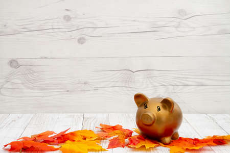 Piggy bank with fall leaves on weathered wood with copy space for fall savings message