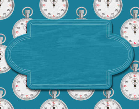 Blank blue wood sign on silver stopwatch with copy space for your time or watch messageの写真素材