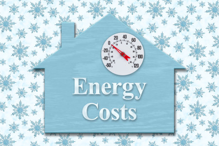 Energy Costs on a house sign with blue snowflakesの写真素材