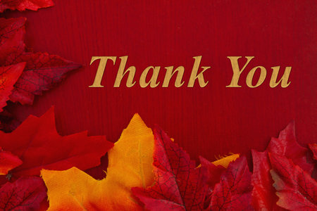 Thank you message with fall leaves on wood for your autumn seasonal greetingの写真素材