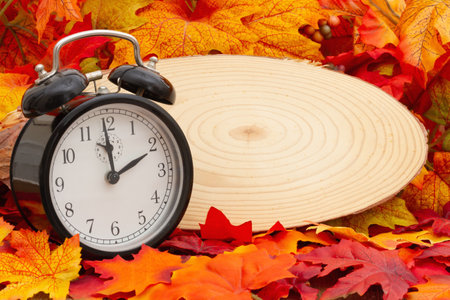 Blank wood sign with an alarm clock and fall leaves for your time change or autumn time message