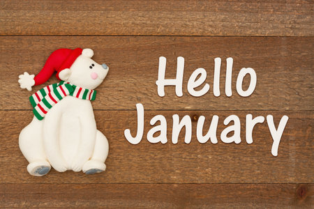 Hello January message with cute Santa bear on weathered woodの写真素材